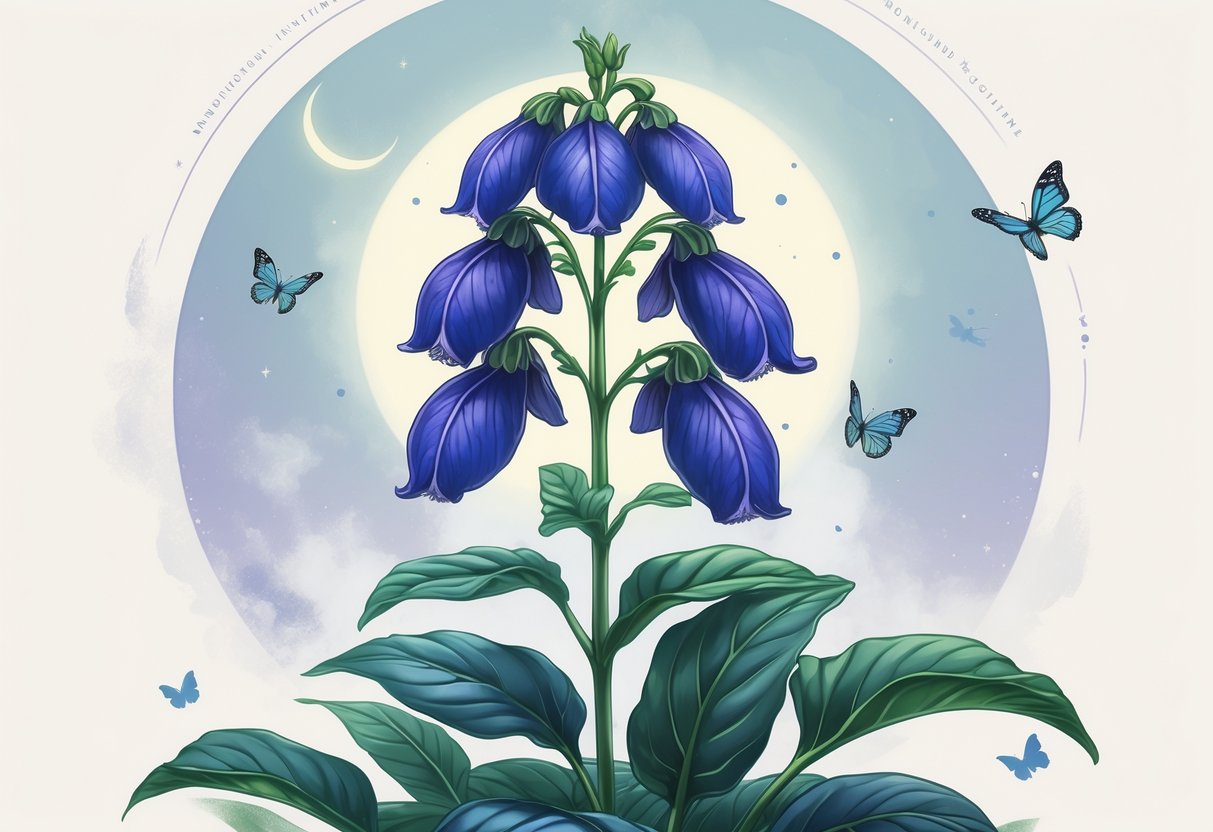 A detailed illustration of a monkshood flower with blue-purple hood-shaped petals and green leaves, surrounded by subtle symbols representing protection, transformation, mystery, healing, courage, and intuition.