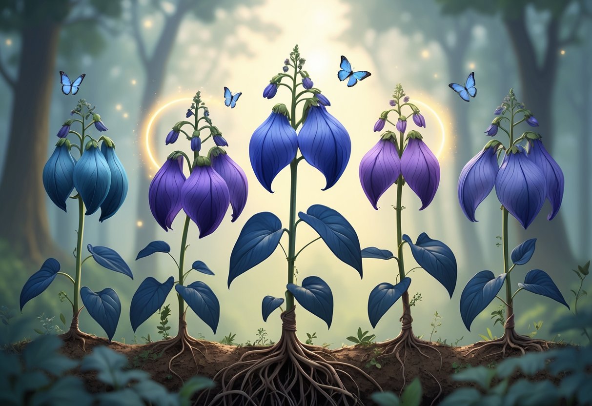 Six blue-purple monkshood flowers arranged with glowing auras, butterflies, and roots, set in a peaceful forest scene symbolizing spiritual meanings.