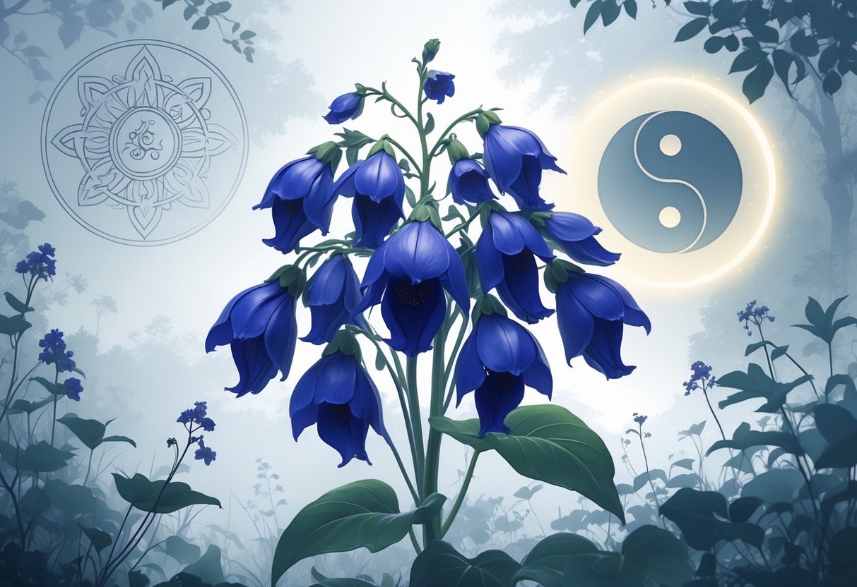 A cluster of deep blue Monkshood flowers surrounded by subtle spiritual symbols from different cultures in a serene, misty natural setting.
