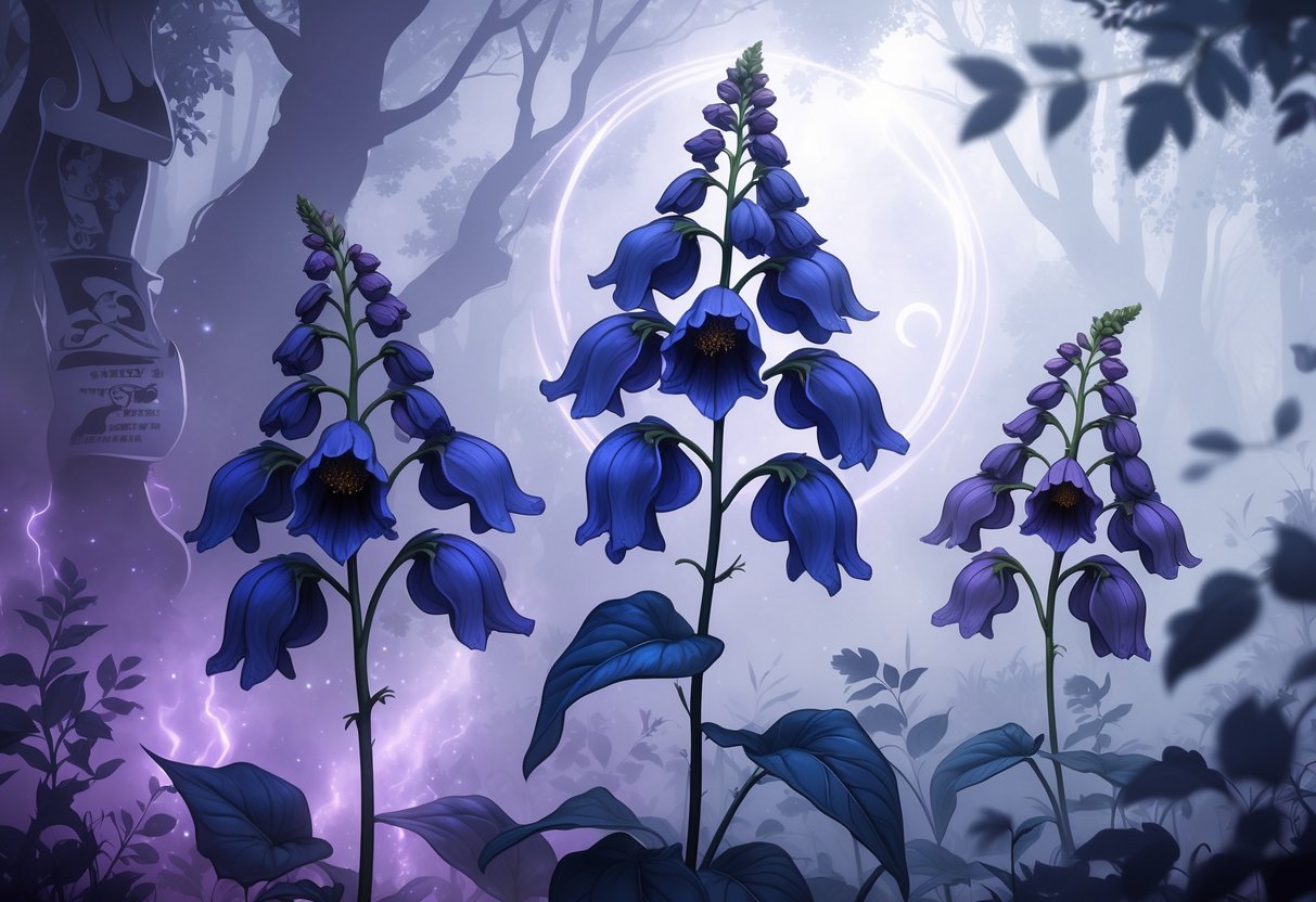 A scene showing deep blue monkshood flowers glowing softly in a misty forest with faint mythical shapes in the background.