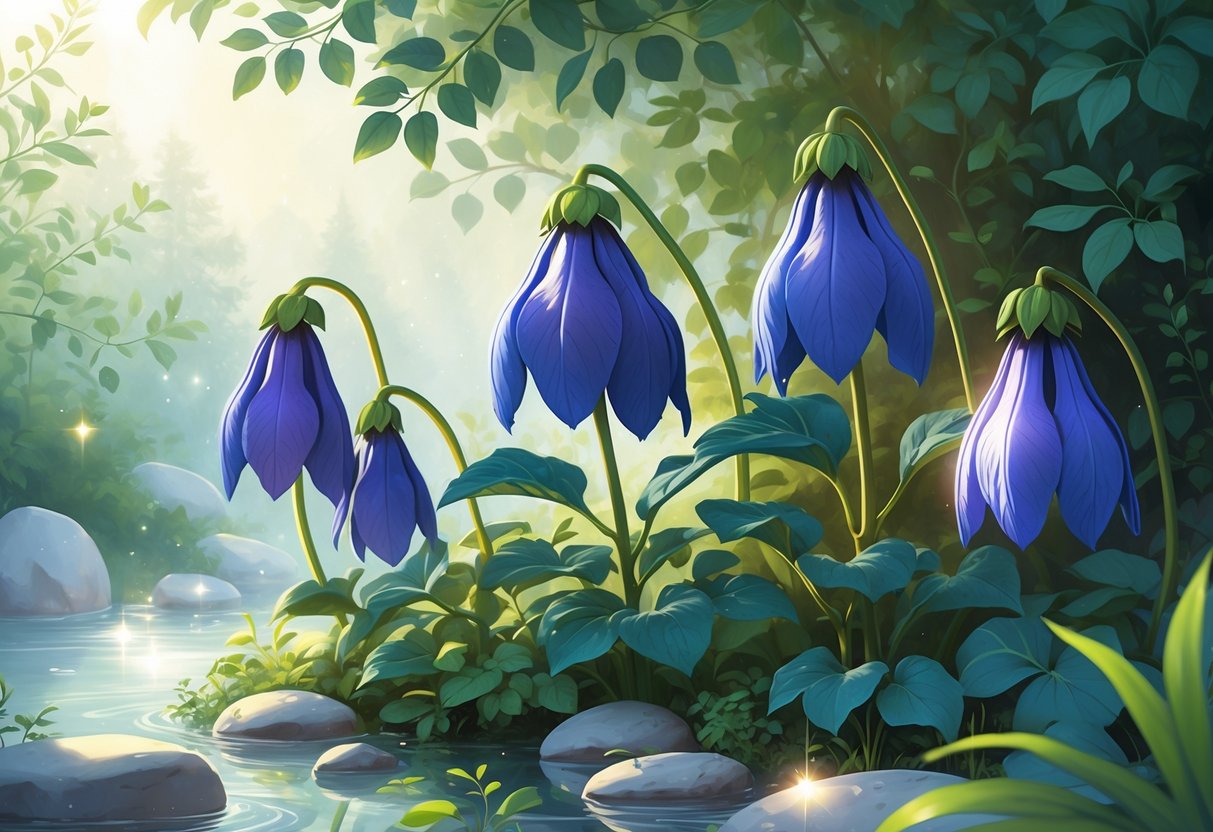 Six monkshood flowers growing in a peaceful garden with green leaves and soft light, surrounded by natural elements like stones and water.