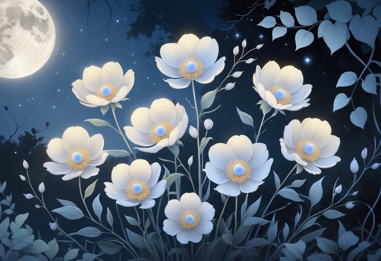 Nine glowing moonflower blossoms arranged in a natural nighttime setting under a starry sky with soft moonlight and surrounding leaves.