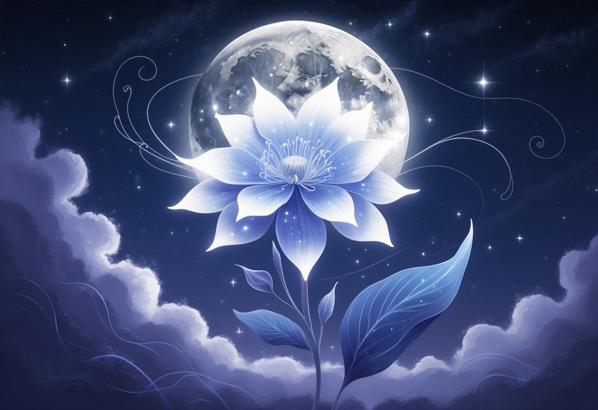 A glowing moonflower blooming under a starry night sky with soft swirling patterns representing spiritual energy and feminine intuition.