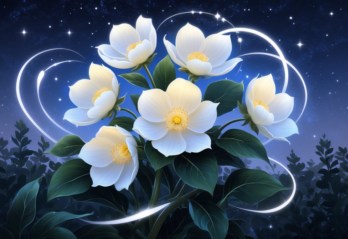 A cluster of nine glowing white moonflower blossoms surrounded by green leaves under a starry night sky with a silvery moon.