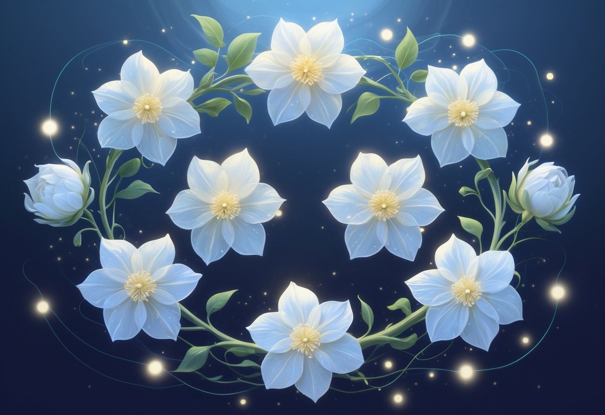 Nine glowing white moonflowers arranged in a circle with soft light and gentle green leaves on a dark blue background.