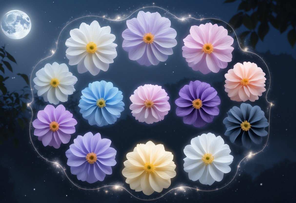 Nine moonflower blossoms in different colors arranged in a circle with glowing auras and soft moonlight against a dark twilight background.