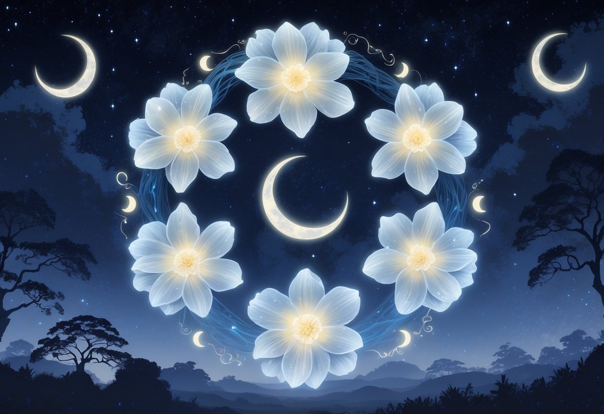 Nine glowing moonflowers arranged in a circle against a starry night sky with subtle spiritual symbols and a peaceful nighttime forest background.