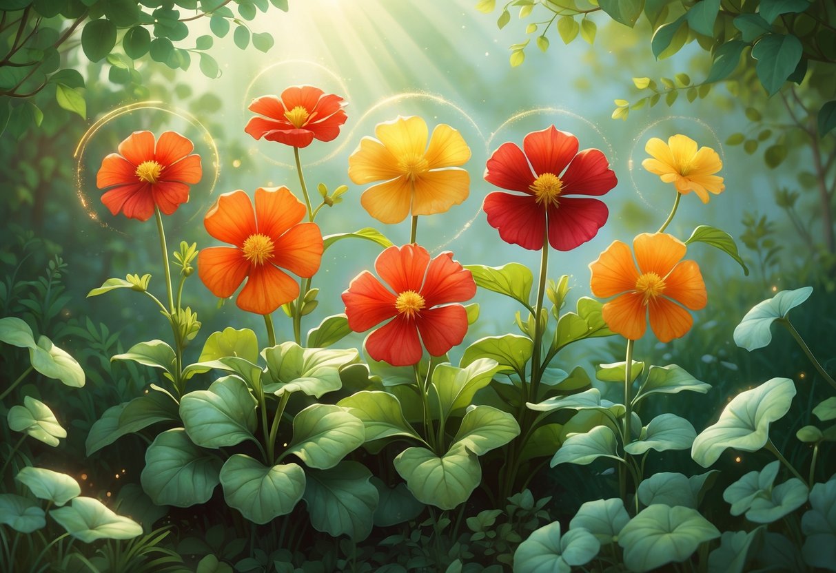 Seven colorful nasturtium flowers arranged in a garden with green leaves and soft light surrounding them.