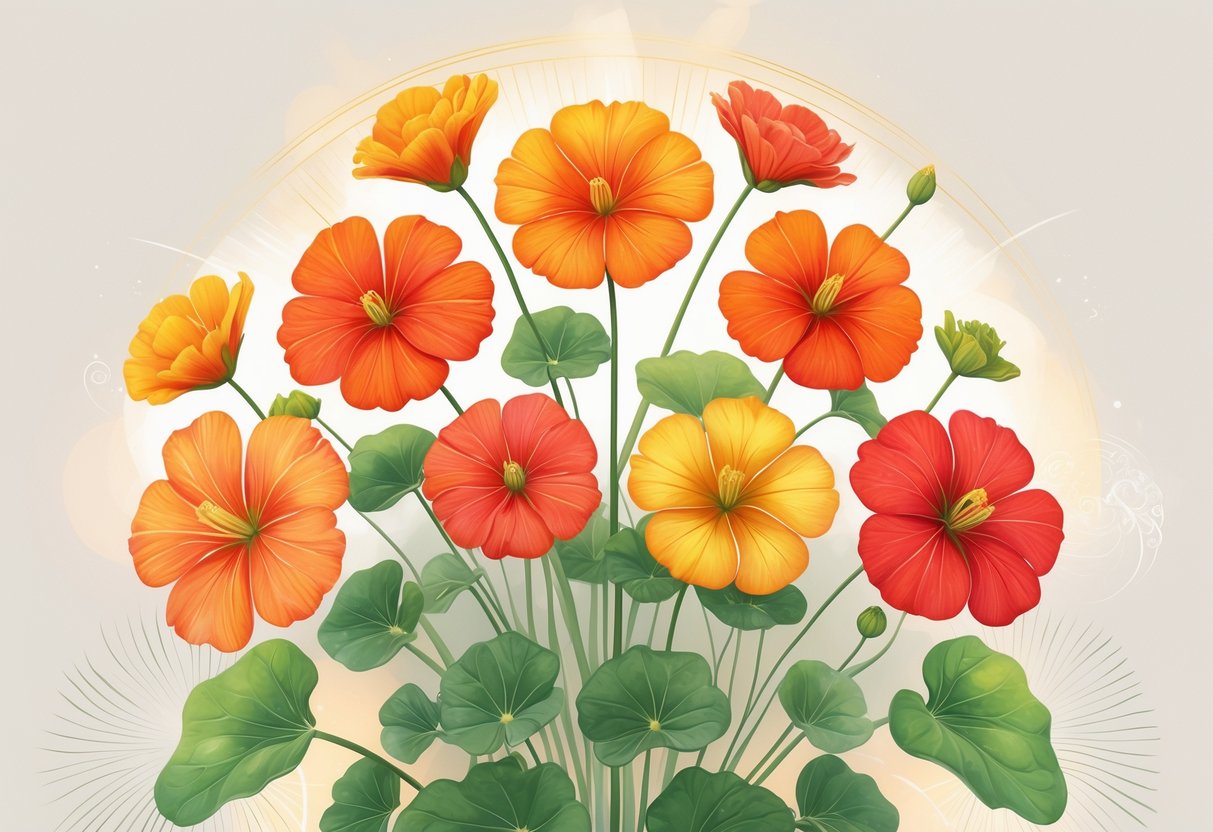 Seven vibrant nasturtium flowers with green leaves arranged together, showing different stages of bloom with soft glowing light effects around them.
