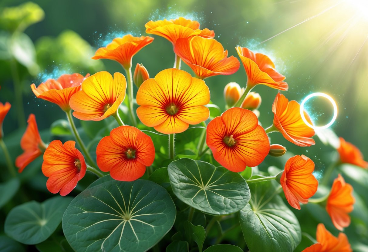 A close-up view of bright orange and yellow nasturtium flowers with green round leaves, surrounded by soft glowing light and gentle sunlight.