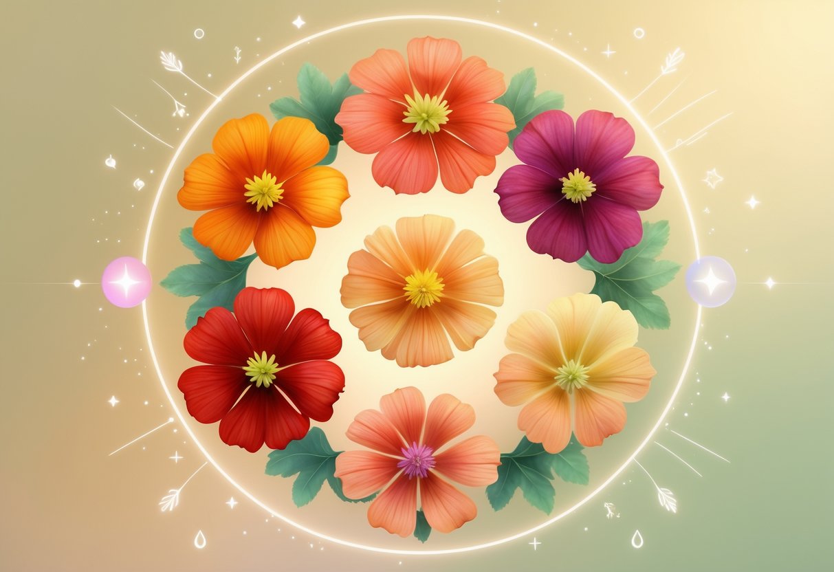 Seven colorful nasturtium flowers arranged in a circle with soft glowing light and gentle natural elements around them.