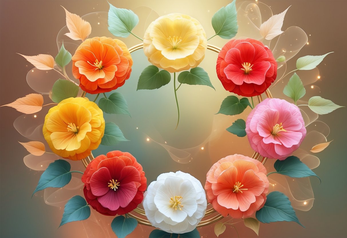 Seven colorful nasturtium flowers arranged in a circle with soft leaves and a gentle earth-toned background.