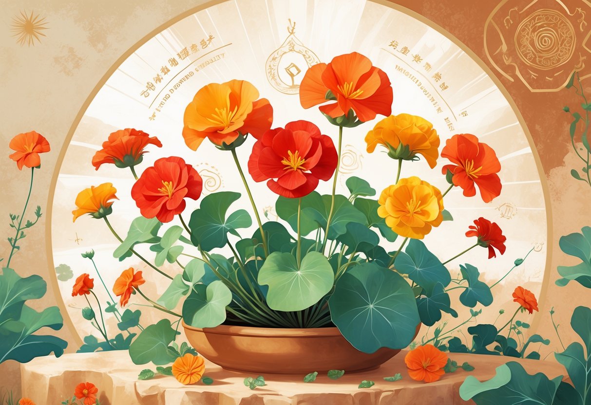 A detailed illustration of bright nasturtium flowers with round leaves surrounded by subtle glowing symbols representing spirituality, set against a warm, patterned background.
