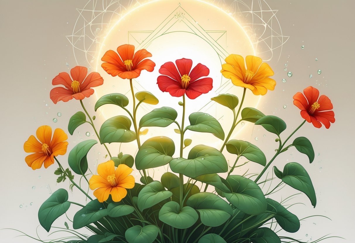 Seven vibrant nasturtium flowers with green leaves arranged together, glowing softly with subtle spiritual symbols in the background.