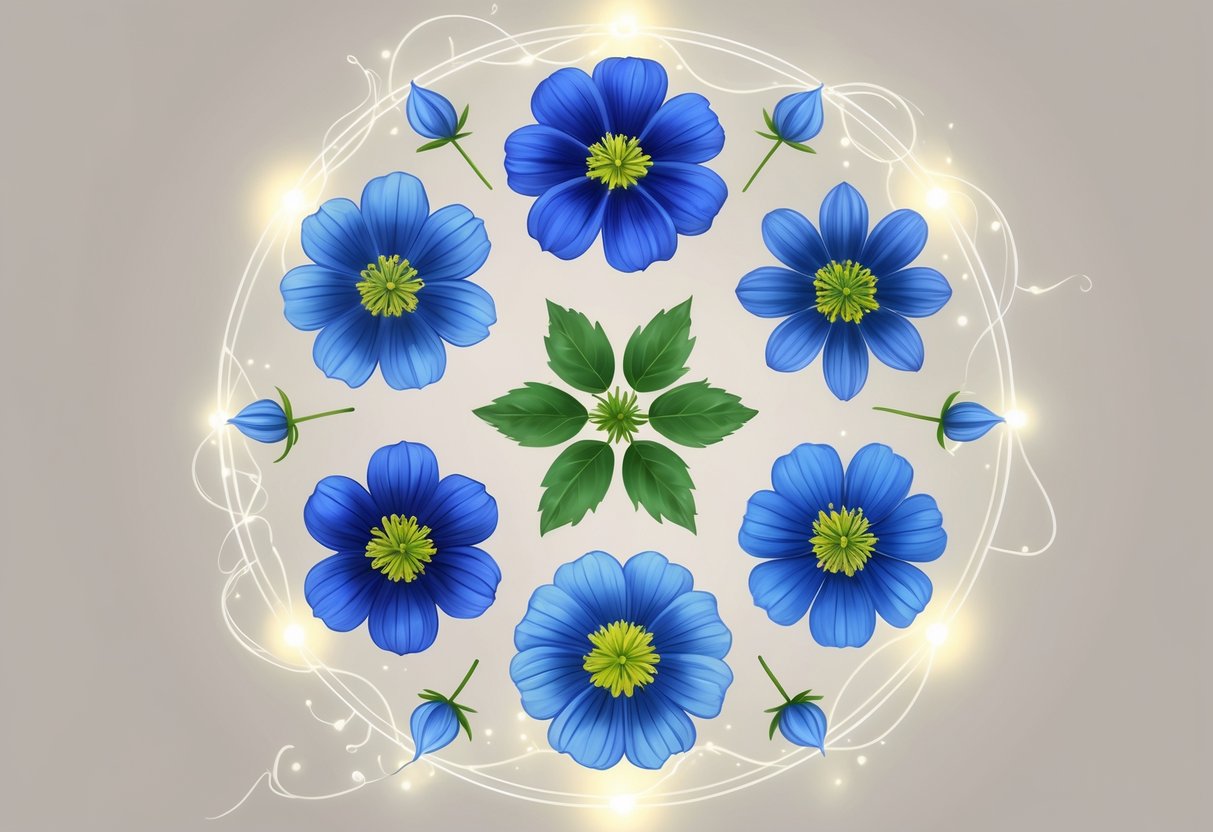 Eight blue Nigella flowers arranged in a circle with green leaves and glowing light effects symbolizing spirituality.