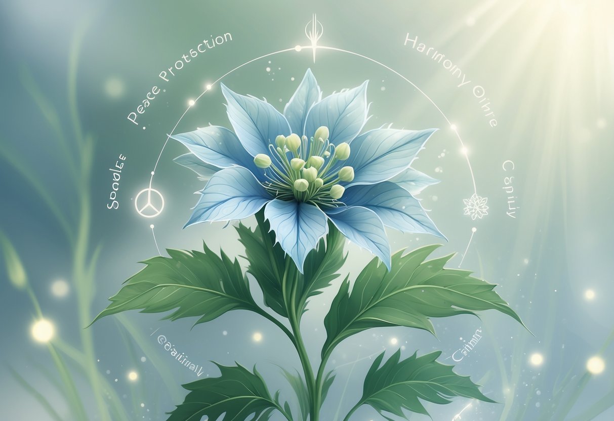 A blooming Nigella flower with delicate blue petals and green feathery leaves surrounded by soft glowing light orbs on a calm, blurred background.