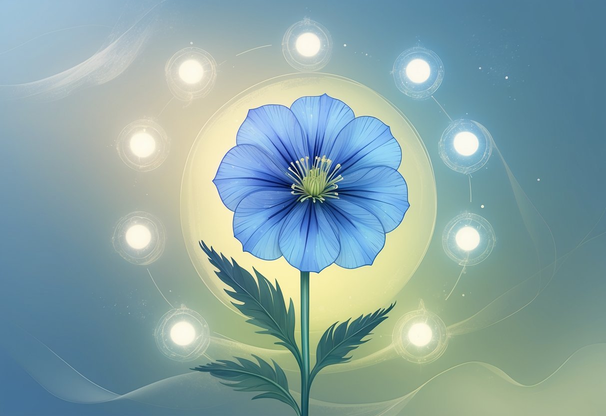 A blooming Nigella flower with blue petals surrounded by eight glowing orbs against a soft blue and green background.