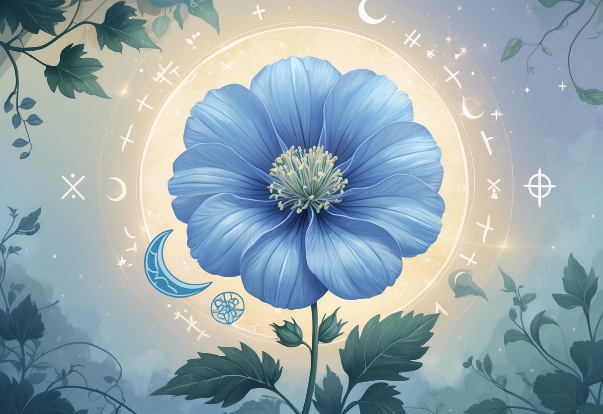 A blooming Nigella flower surrounded by glowing mystical symbols and soft natural elements, evoking spirituality and cultural folklore.