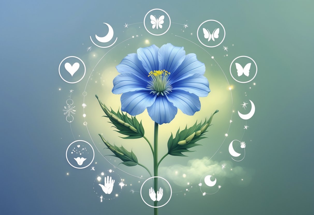 A detailed illustration of a blue Nigella flower surrounded by eight symbolic elements representing spiritual meanings like purity, protection, transformation, and peace.