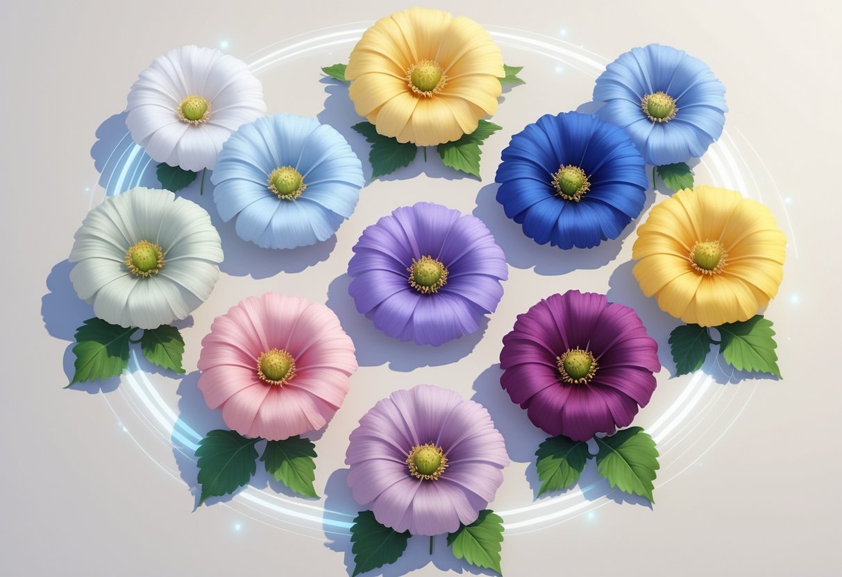 Eight Nigella flowers of different colors arranged in a balanced circle, each glowing softly to represent their spiritual meanings.