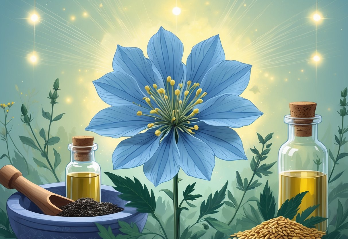 A blooming Nigella flower surrounded by traditional medicine items like a mortar and pestle, tincture bottles, and seeds, with soft glowing light and mystical symbols in the background.
