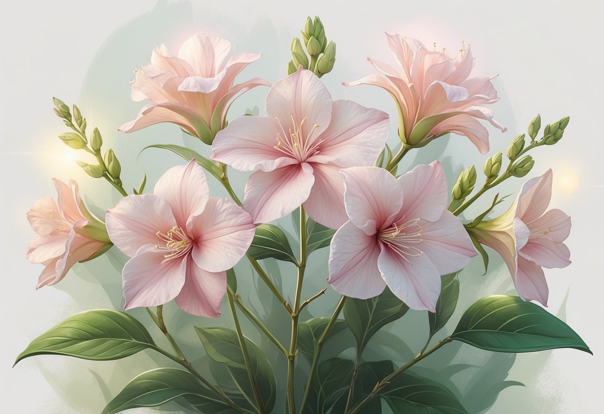 Six oleander flowers with green leaves arranged naturally, showing different stages of bloom against a plain background.
