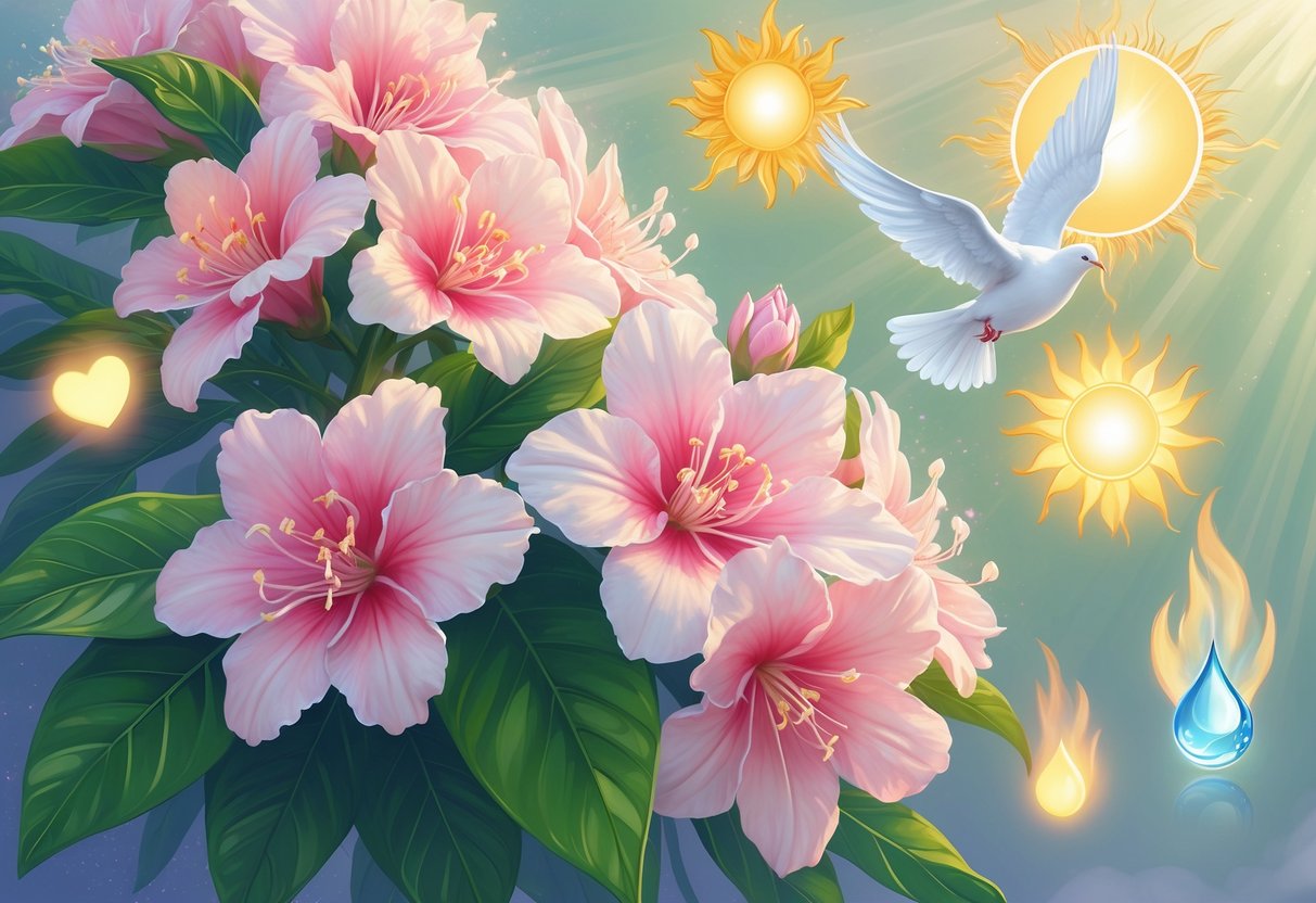 A cluster of blooming pink and white oleander flowers surrounded by six symbolic elements representing love, peace, strength, healing, transformation, and protection.