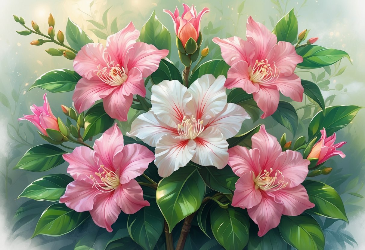 Six blooming pink and white oleander flowers with green leaves arranged together against a soft, glowing background.
