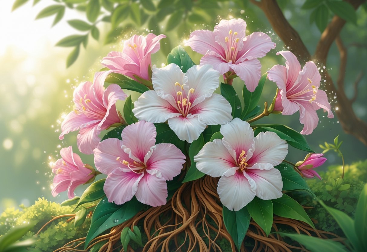 Six blooming oleander flowers with green leaves and roots in a calm natural setting with sunlight filtering through.