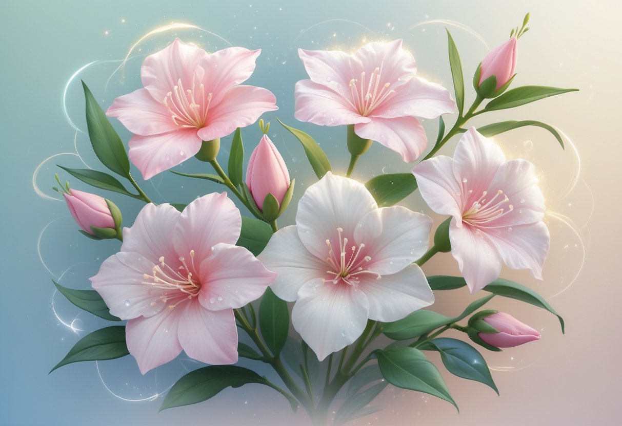 Six delicate oleander flowers with soft pink and white petals surrounded by gentle glowing light and green leaves against a soft pastel background.