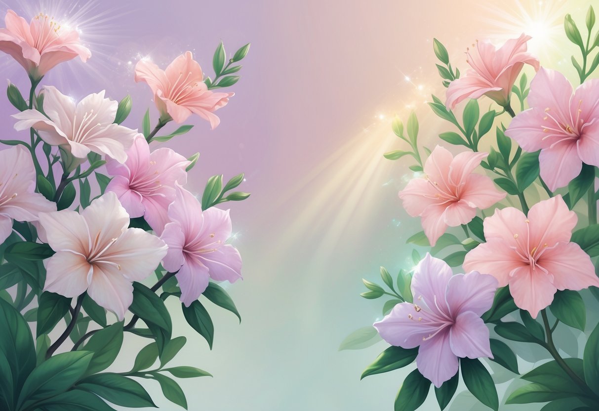 Six blooming oleander flowers with green leaves glowing softly against a pastel background, symbolizing healing and emotional renewal.