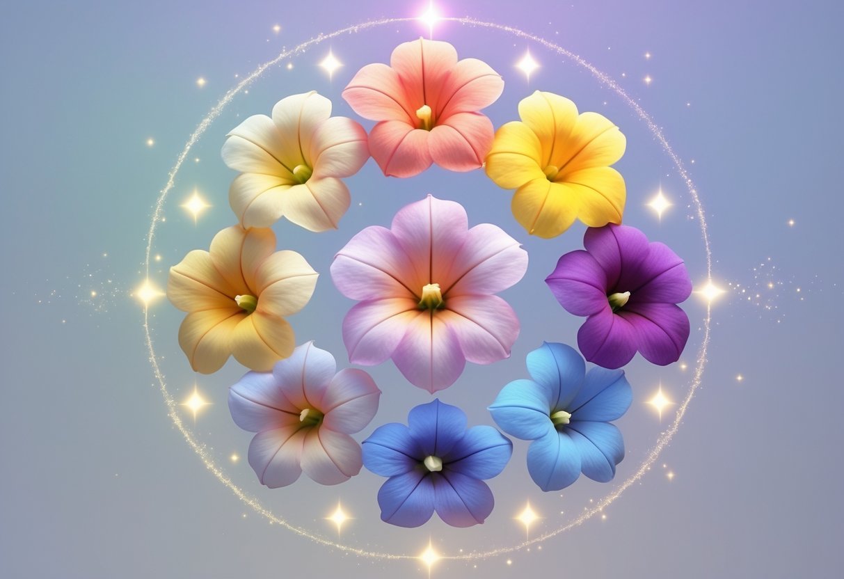 Nine colorful petunia flowers arranged in a circle with glowing light effects and soft symbols around them, set against a gentle pastel background.