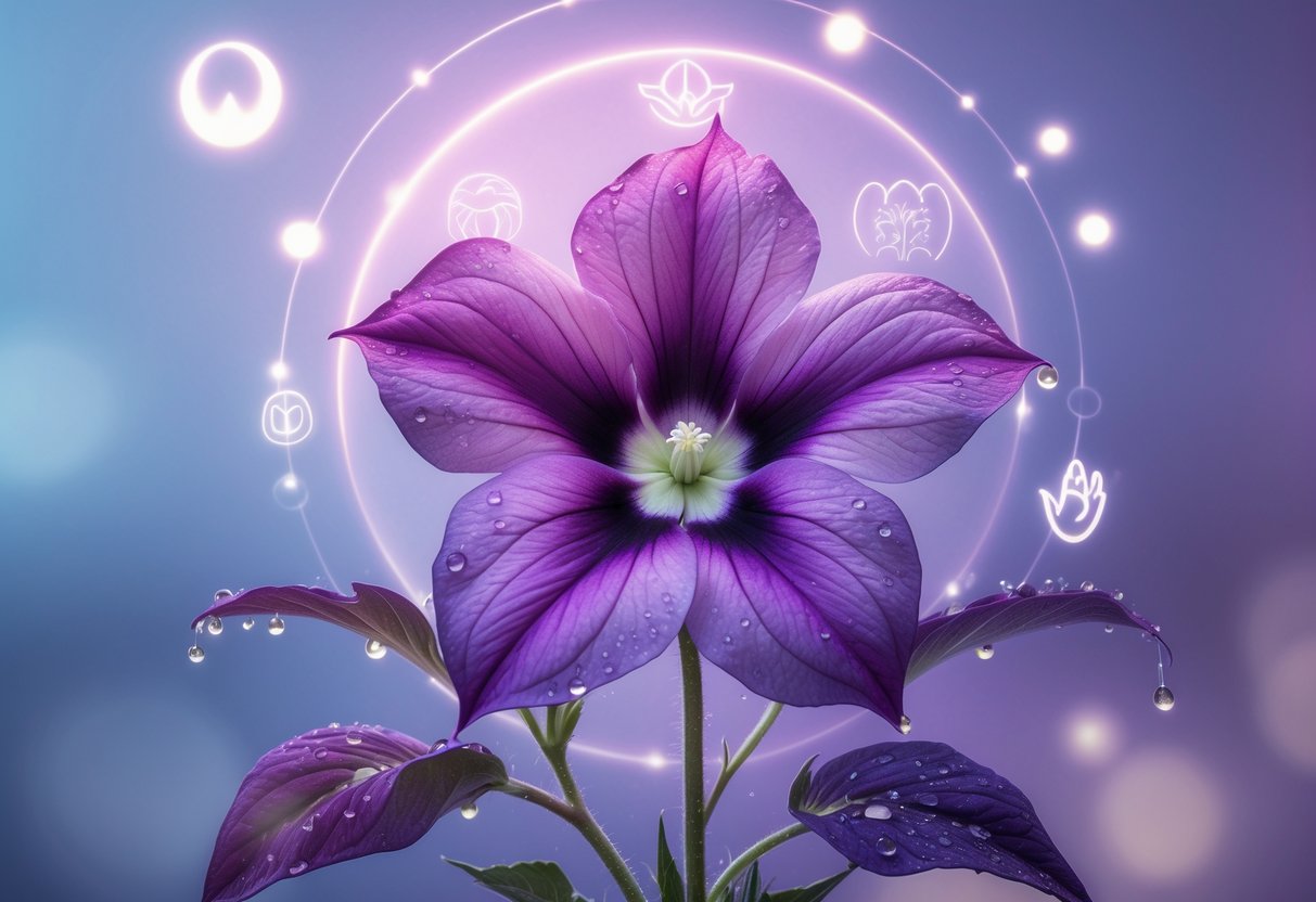 A blooming petunia flower with purple and pink petals surrounded by soft glowing light and subtle spiritual symbols against a calming blue and purple background.
