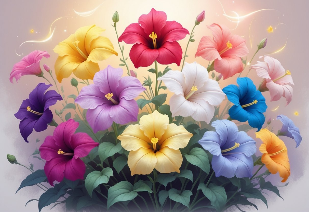 Nine colorful petunia flowers arranged together, each with distinct colors and gentle glowing effects around them.