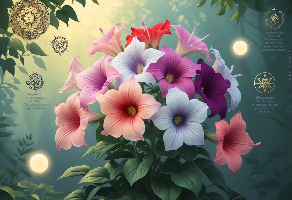 A cluster of colorful petunia flowers surrounded by subtle cultural and spiritual symbols representing their historical and spiritual meanings.