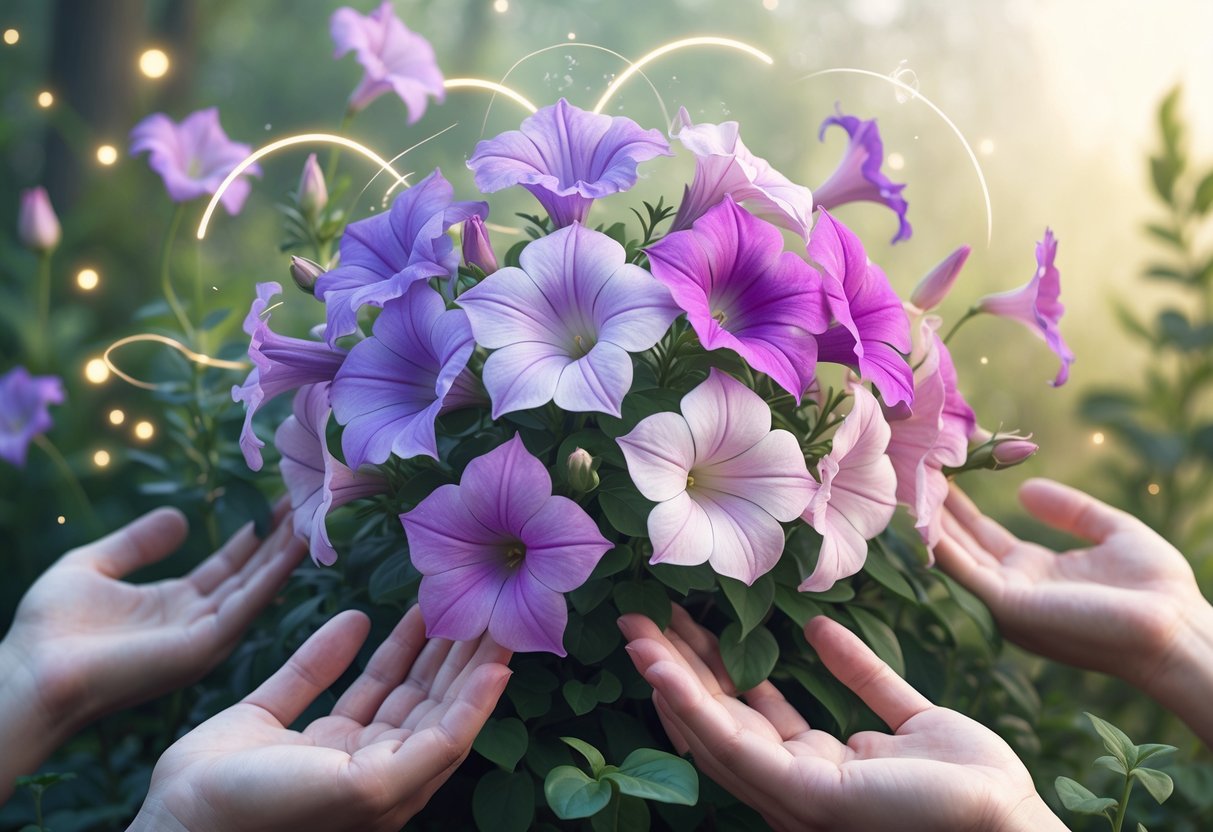 A cluster of colorful petunia flowers surrounded by glowing lights and gentle hands, set against a peaceful natural background.