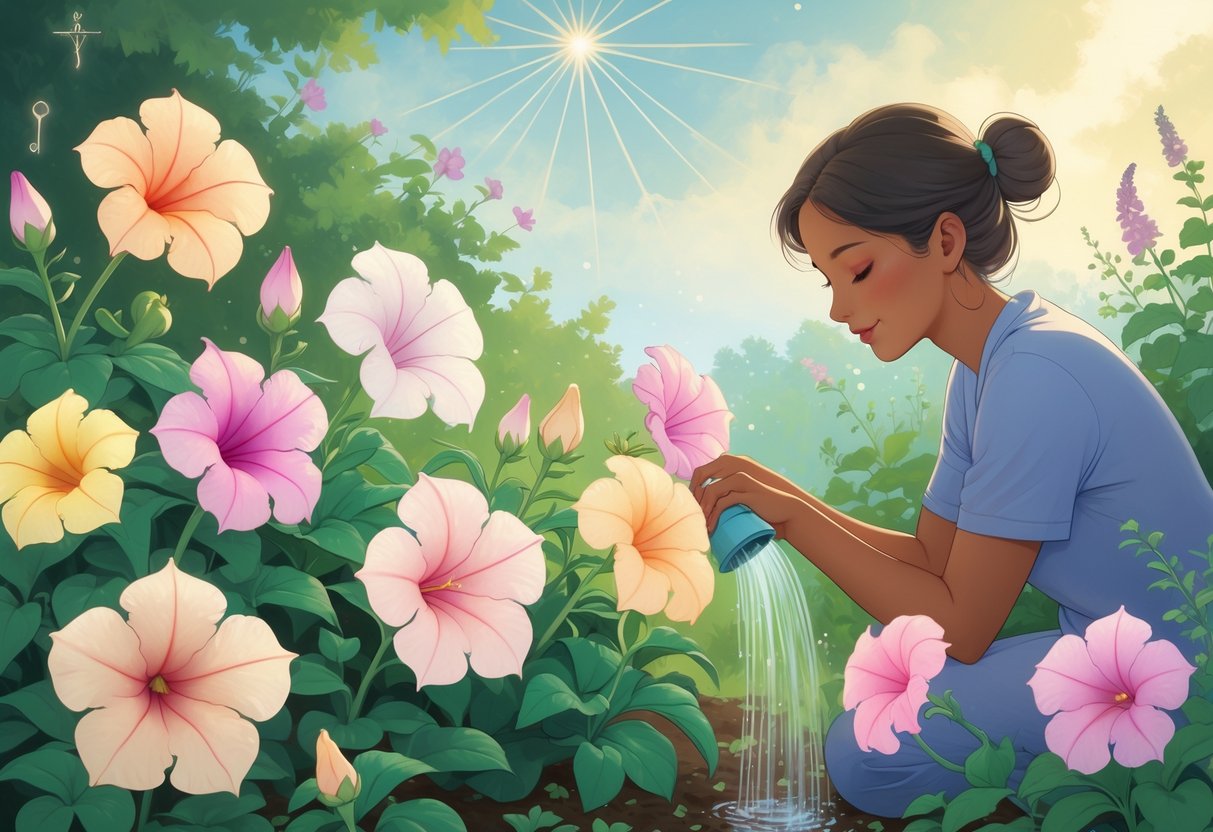A person gently caring for nine glowing petunia flowers in a peaceful garden, surrounded by soft light and spiritual symbols.