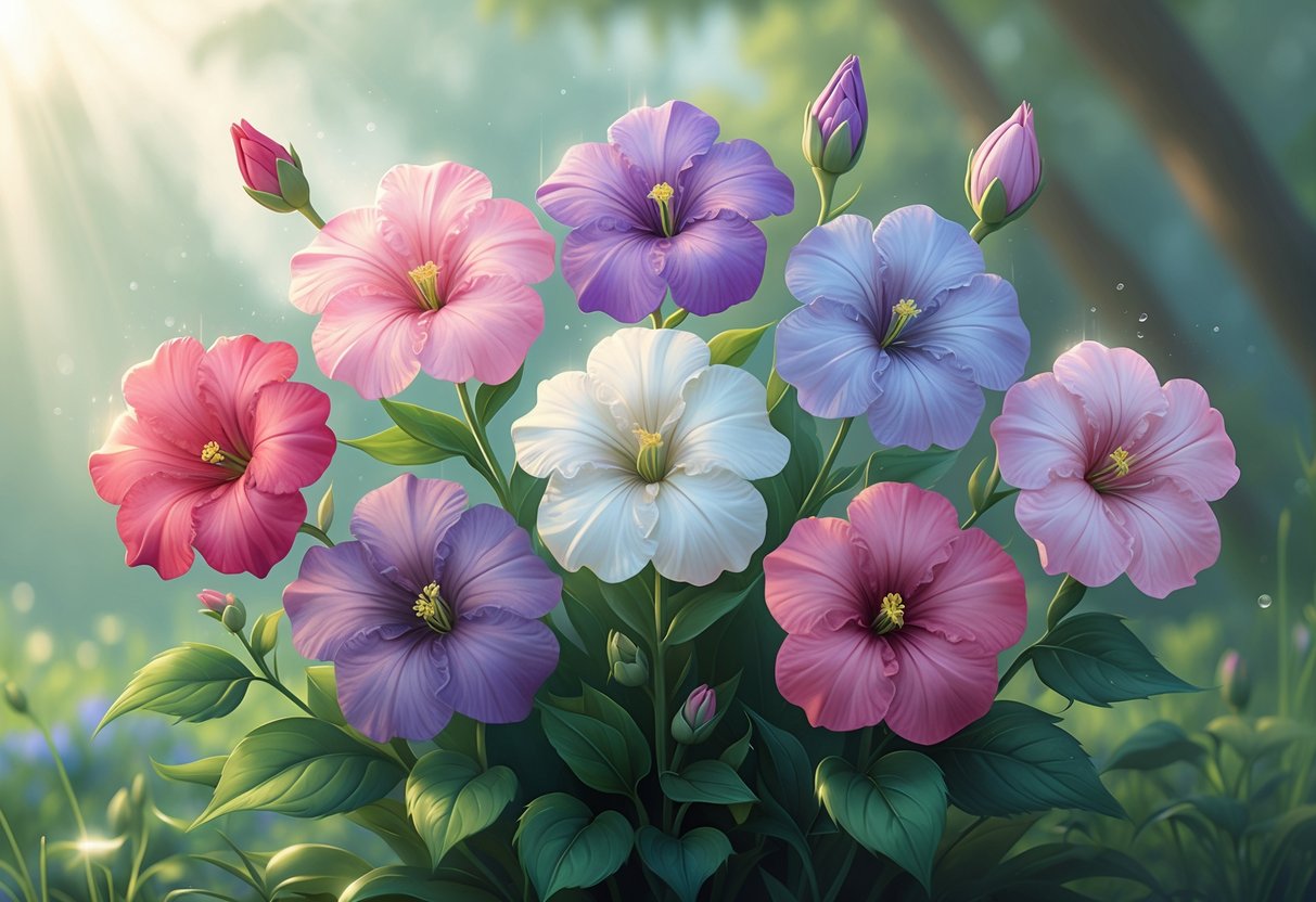 Seven colorful phlox flowers with green leaves arranged together in a peaceful natural setting with soft light.