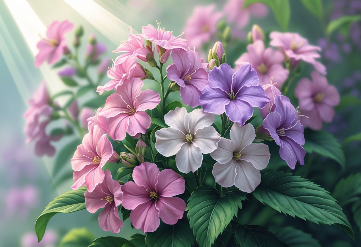 A close-up view of blooming phlox flowers with pink, purple, and white petals surrounded by green leaves.