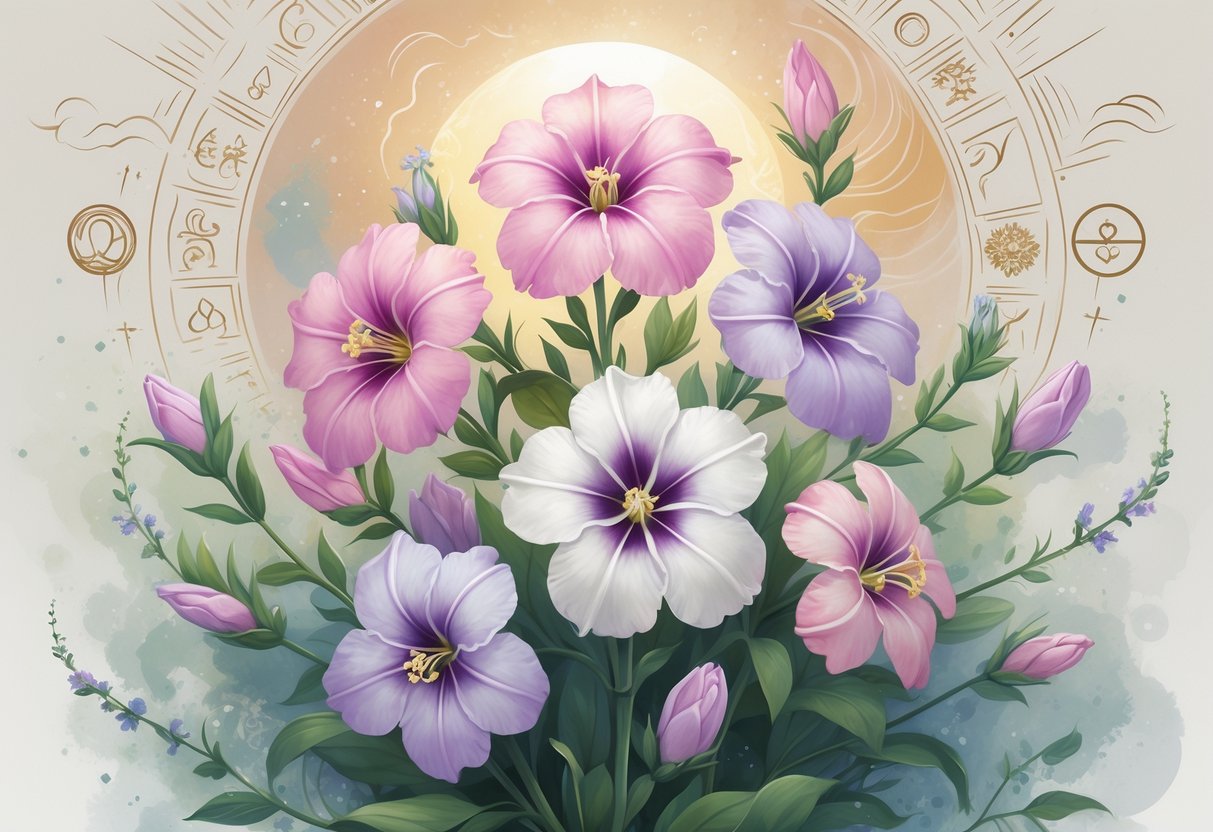 A cluster of colorful Phlox flowers surrounded by subtle cultural symbols and natural elements representing spirituality and tradition.