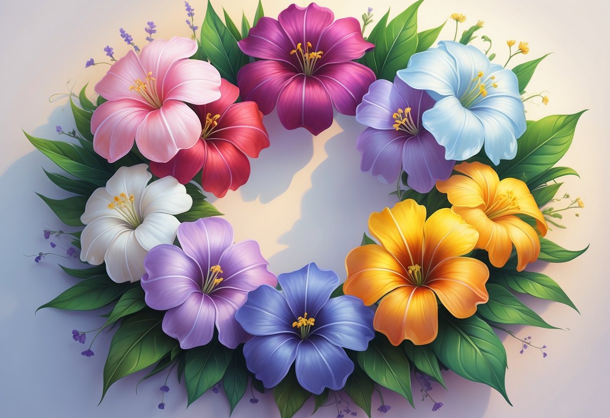 Seven colorful Phlox flowers arranged in a circle, each with green leaves, displaying a variety of colors including pink, white, red, purple, yellow, lavender, and orange.