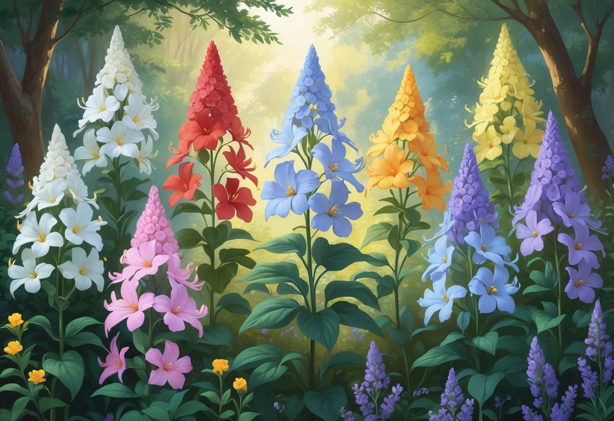 Seven different colored phlox flowers arranged together in a peaceful garden setting with soft sunlight filtering through trees.