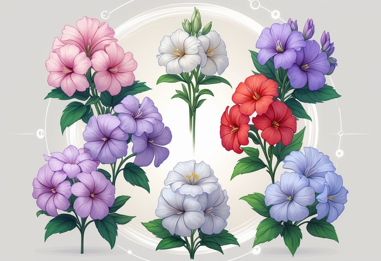 Seven different types of colorful Phlox flowers arranged in a circle with green leaves and soft glowing auras around them.