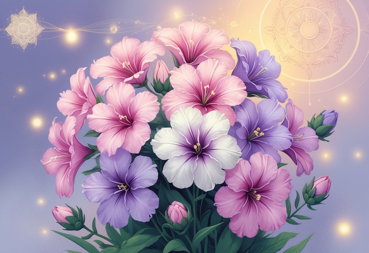 A cluster of blooming phlox flowers surrounded by soft glowing light and subtle spiritual symbols representing harmony and renewal.