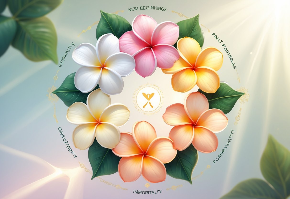 Five colorful Plumeria flowers arranged in a circle with soft glowing light and subtle spiritual symbols around them.