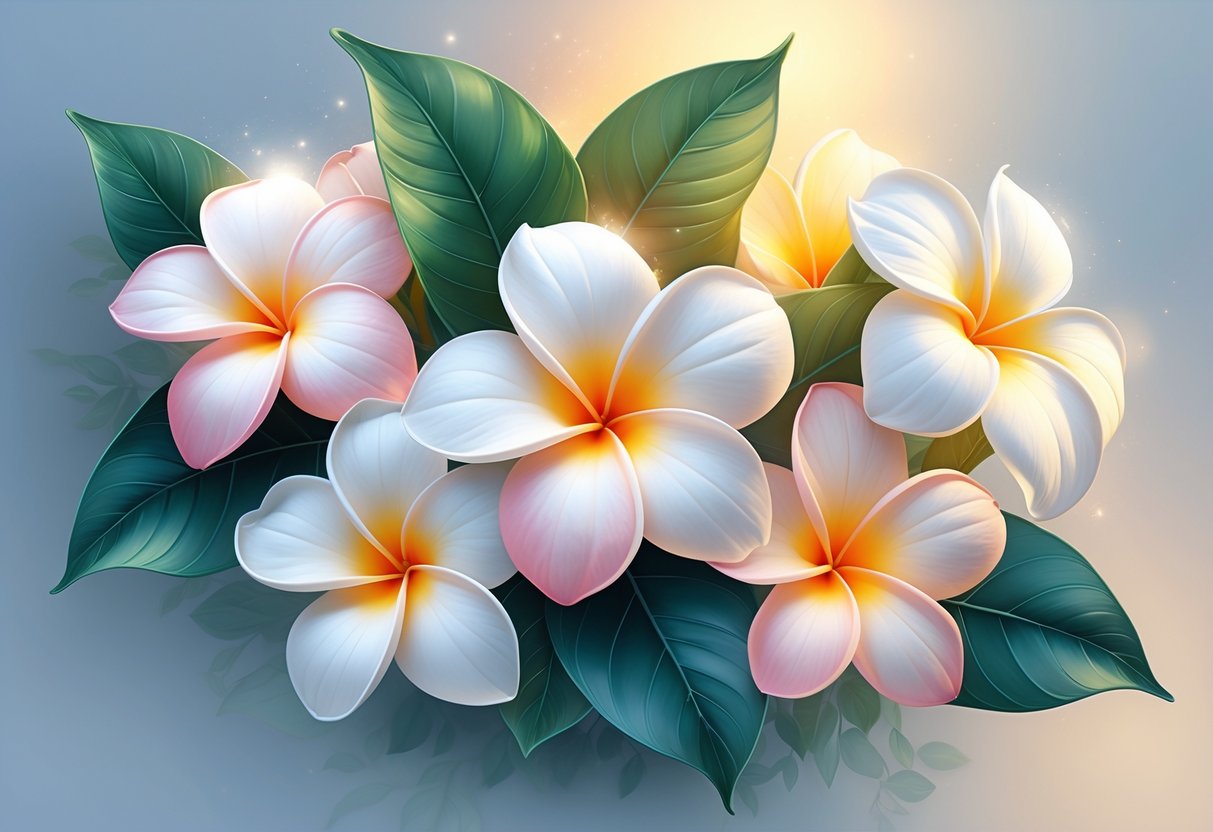 Five vibrant Plumeria flowers with green leaves glowing softly against a calm blue and gold background.