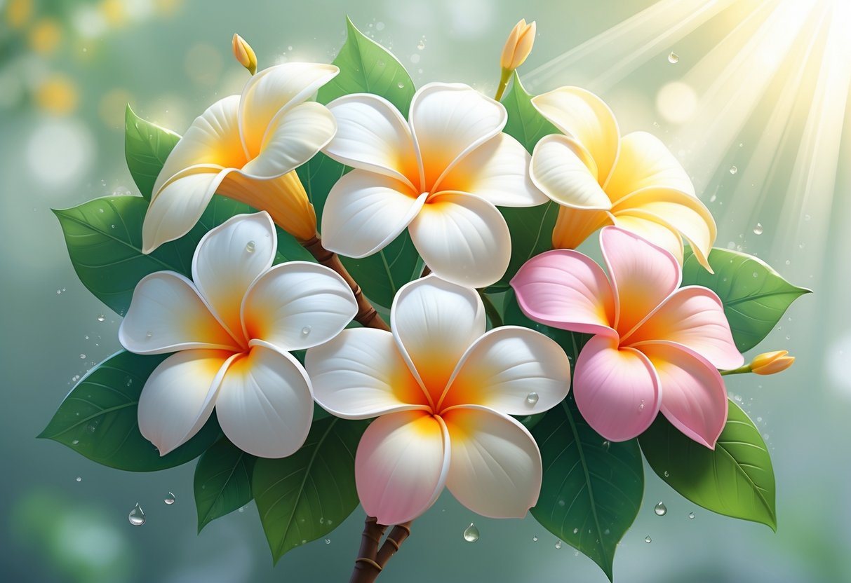 Five blooming plumeria flowers with green leaves and soft light rays, symbolizing new beginnings and renewal.