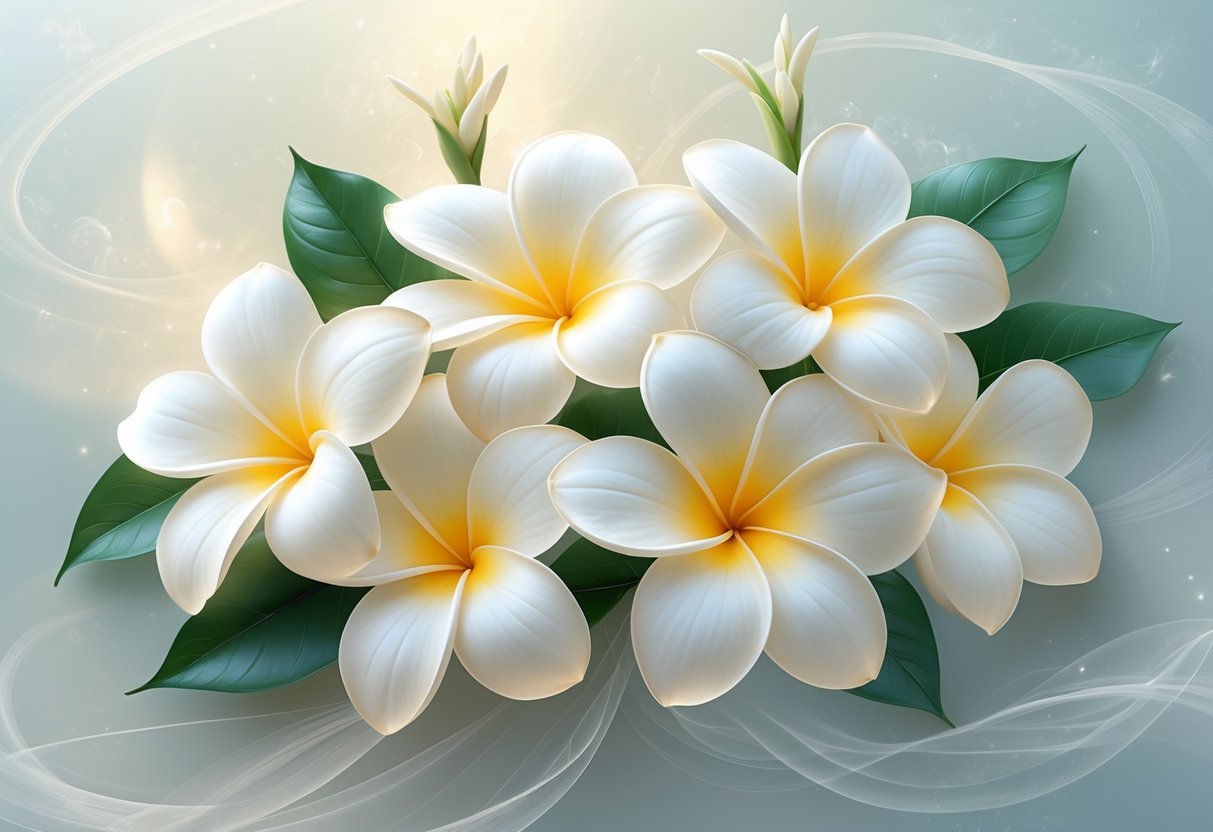 Five white plumeria flowers glowing softly with light against a gentle, abstract background symbolizing purity and spiritual transformation.