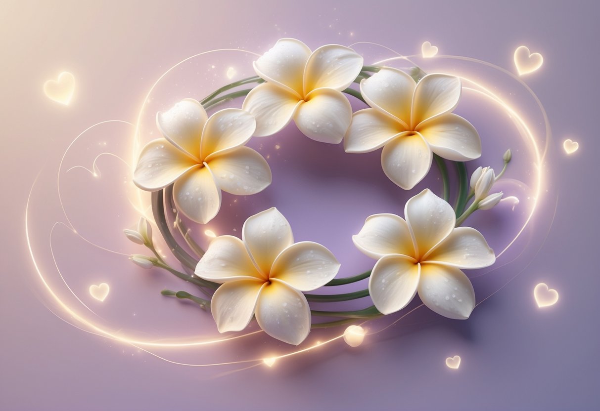 Five blooming plumeria flowers with soft white and yellow petals surrounded by gentle glowing light effects on a pastel pink and lavender background.