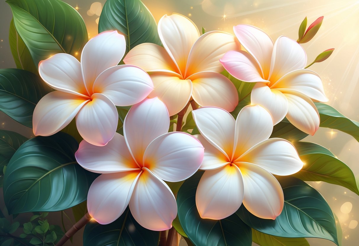 Five blooming plumeria flowers with green leaves surrounded by a warm glowing light.
